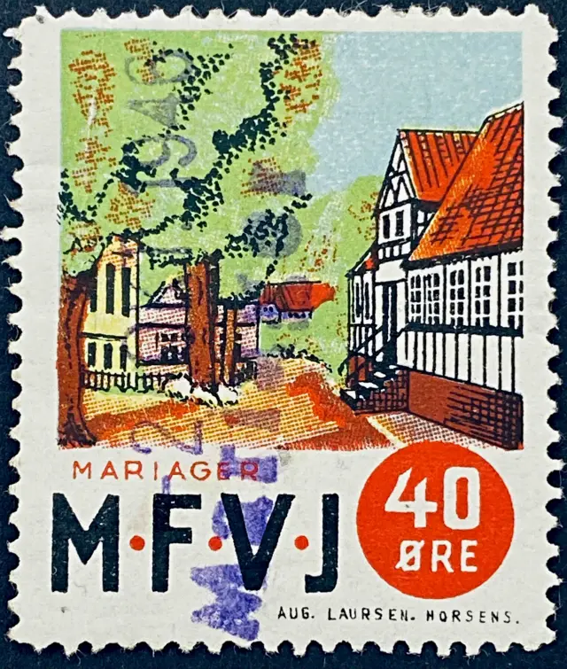 MFVJ 13 - 40 Øre Motiv: Mariager Torv - Flerfarvet - trykkeri: Aug Laursen: Horsens - stemplet på Mariager Station (Mrg (Mr)).