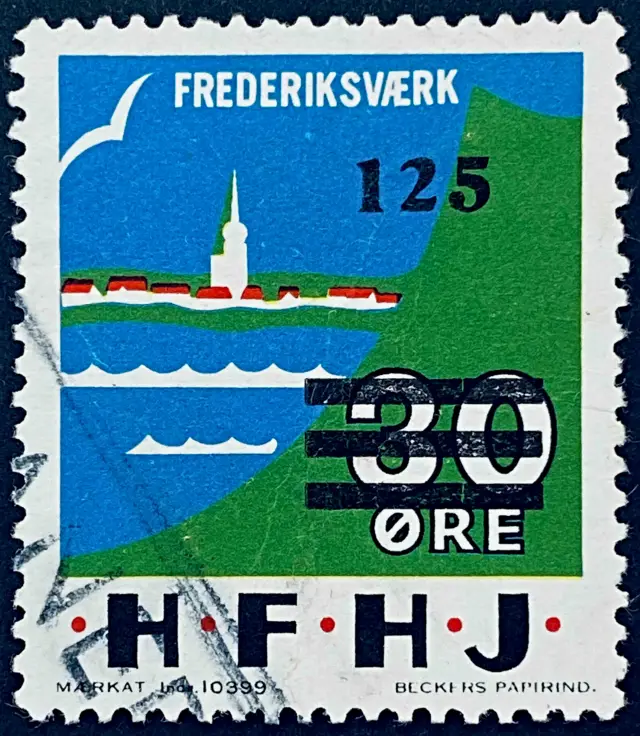 HFHJ 87A - Provisorium (overtryk) 125 Øre sort bogtryk på 30 Øre Motiv: Frederiksværk - Flerfarvet - trykkeri: Beckers Papirindustri A/S med mærke nummer: 10399 - banemærket er stemplet.
