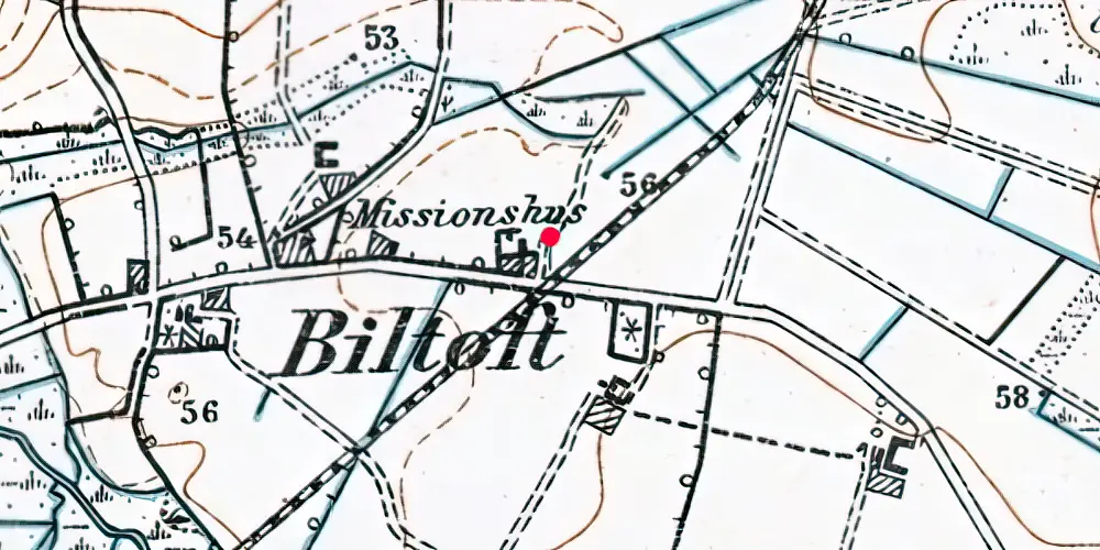 Historisk kort over Biltoft Trinbræt med Sidespor 