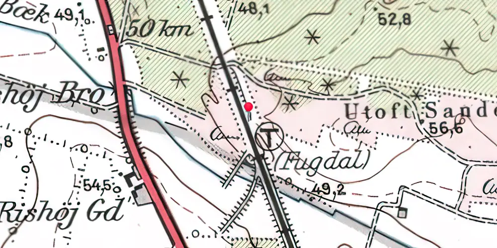 Historisk kort over Rishøj (Fugdal) Trinbræt med Sidespor 
