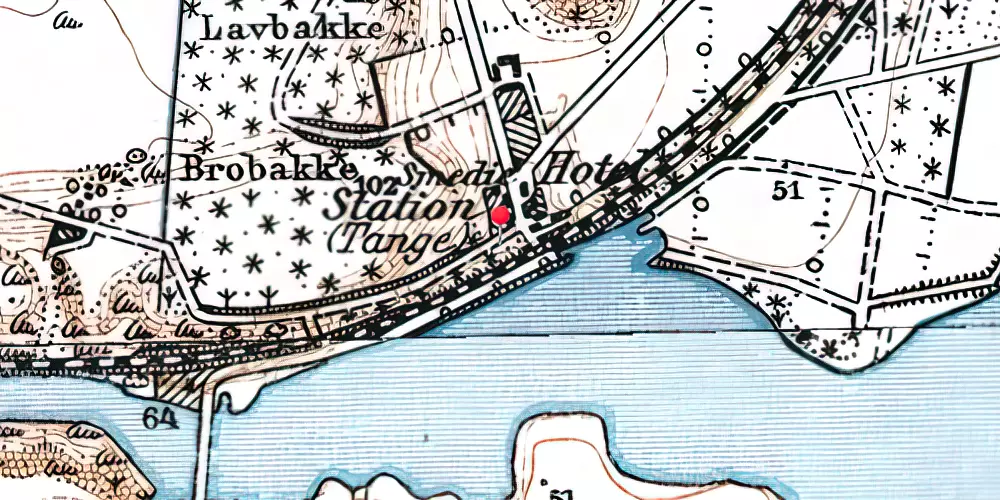 Historisk kort over Tange Billetsalgssted med Sidespor [1908-1920]