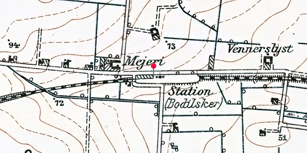 Historisk kort over Bodilsker Station [1900-1952]
