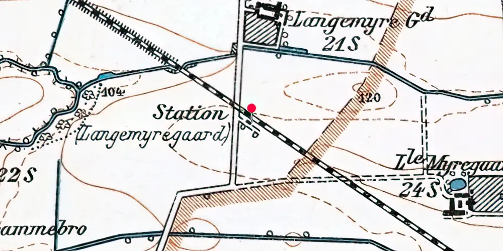 Historisk kort over Langemyregård Billetsalgssted med Sidespor [1900-1949]