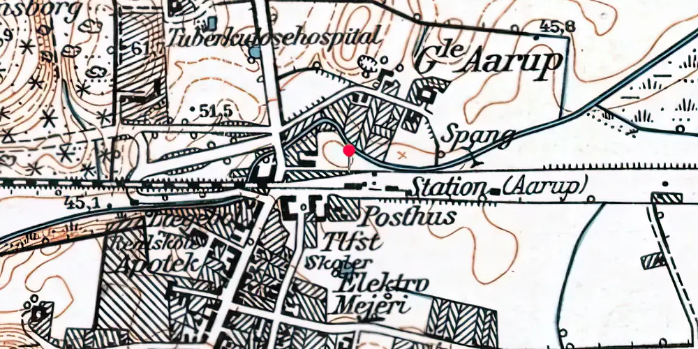 Historisk kort over Aarup Billetsalgssted med Sidespor [1971-1982]