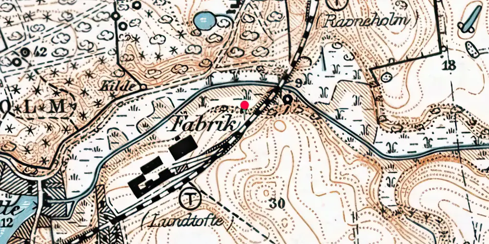 Historisk kort over Ravneholm Papirfabrik Firmaspor [1906-1909]