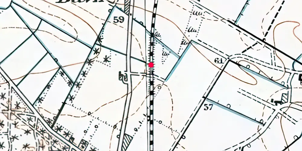 Historisk kort over Baunhøj Trinbræt med Sidespor [1942-2001]