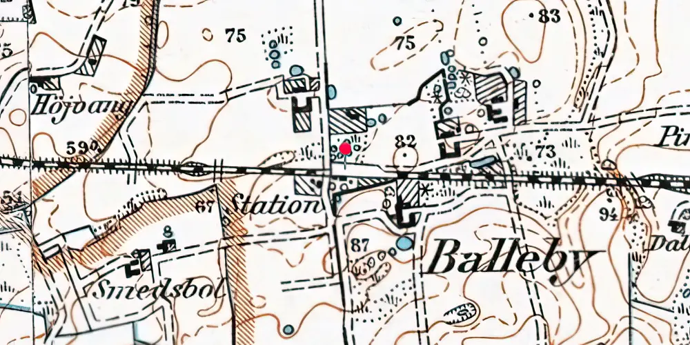 Historisk kort over Balleby Trinbræt med Sidespor [1923-1970]