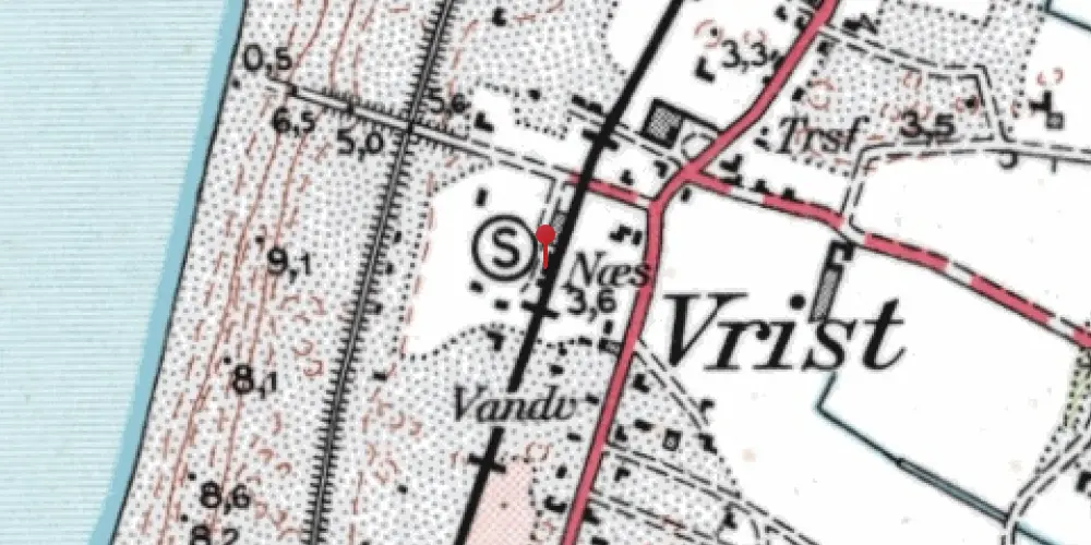 Historisk kort over Vrist Billetsalgssted med Sidespor [1899-1977]