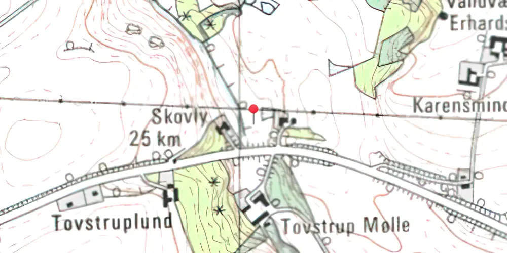 Historisk kort over Toustrup Mølle Trinbræt
