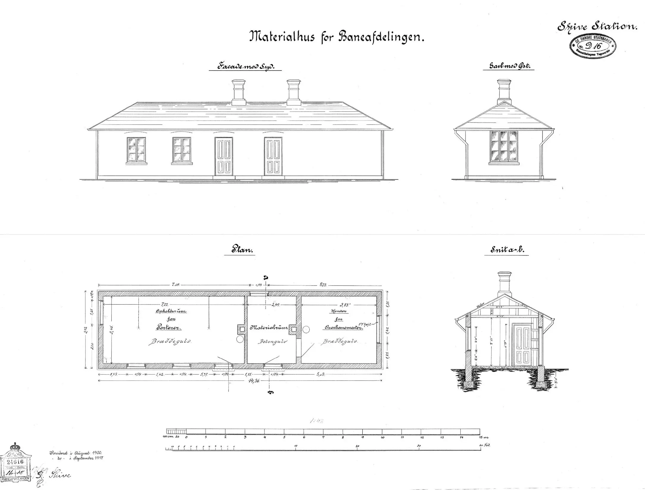 Tegning af Skive Stations Materialhus for baneafdelingen.