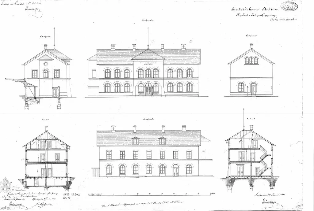 Tegning af posthuset ved Frederikshavn Station.