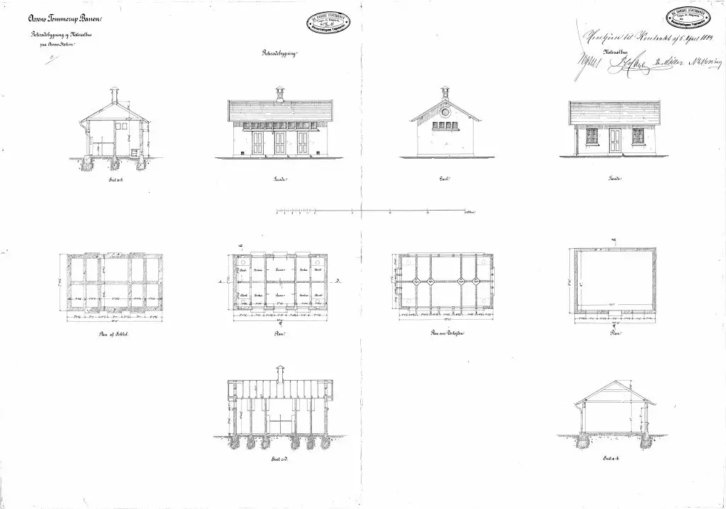 Tegning af Assens Stations Retiradebygning og materialhus.