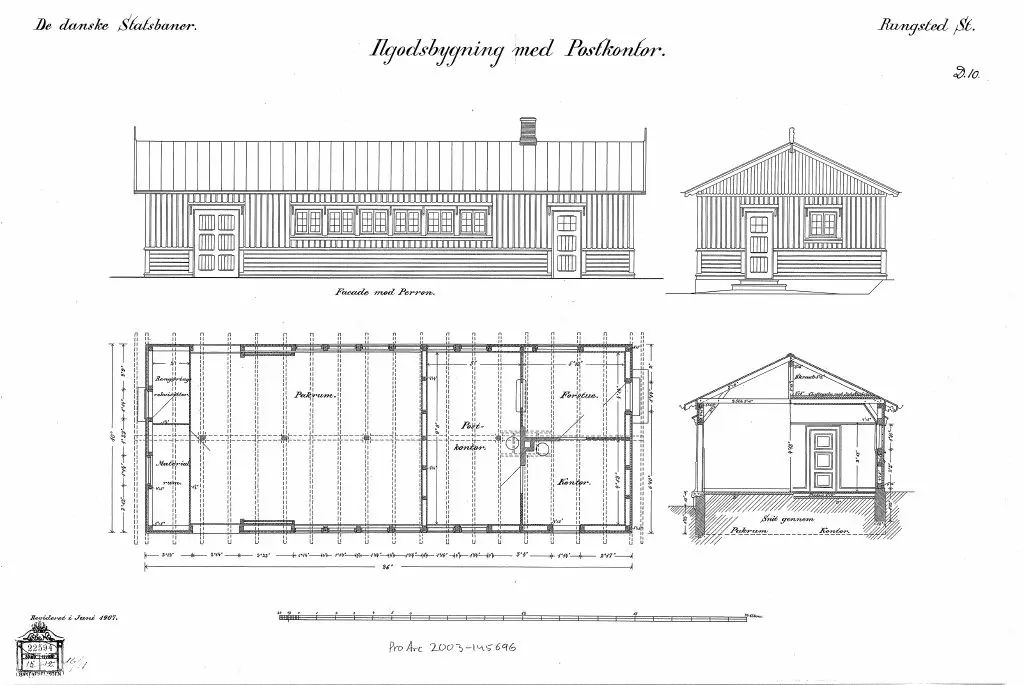Tegning af Rungsted Kyst Stations Ilgodsbygning med postkontor.