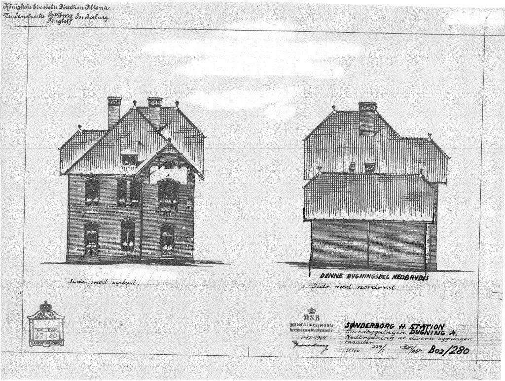 Tegning af Sønderborg Hovedbanegårds Stationsbygning. Nedbrydning af diverse bygning facade.
