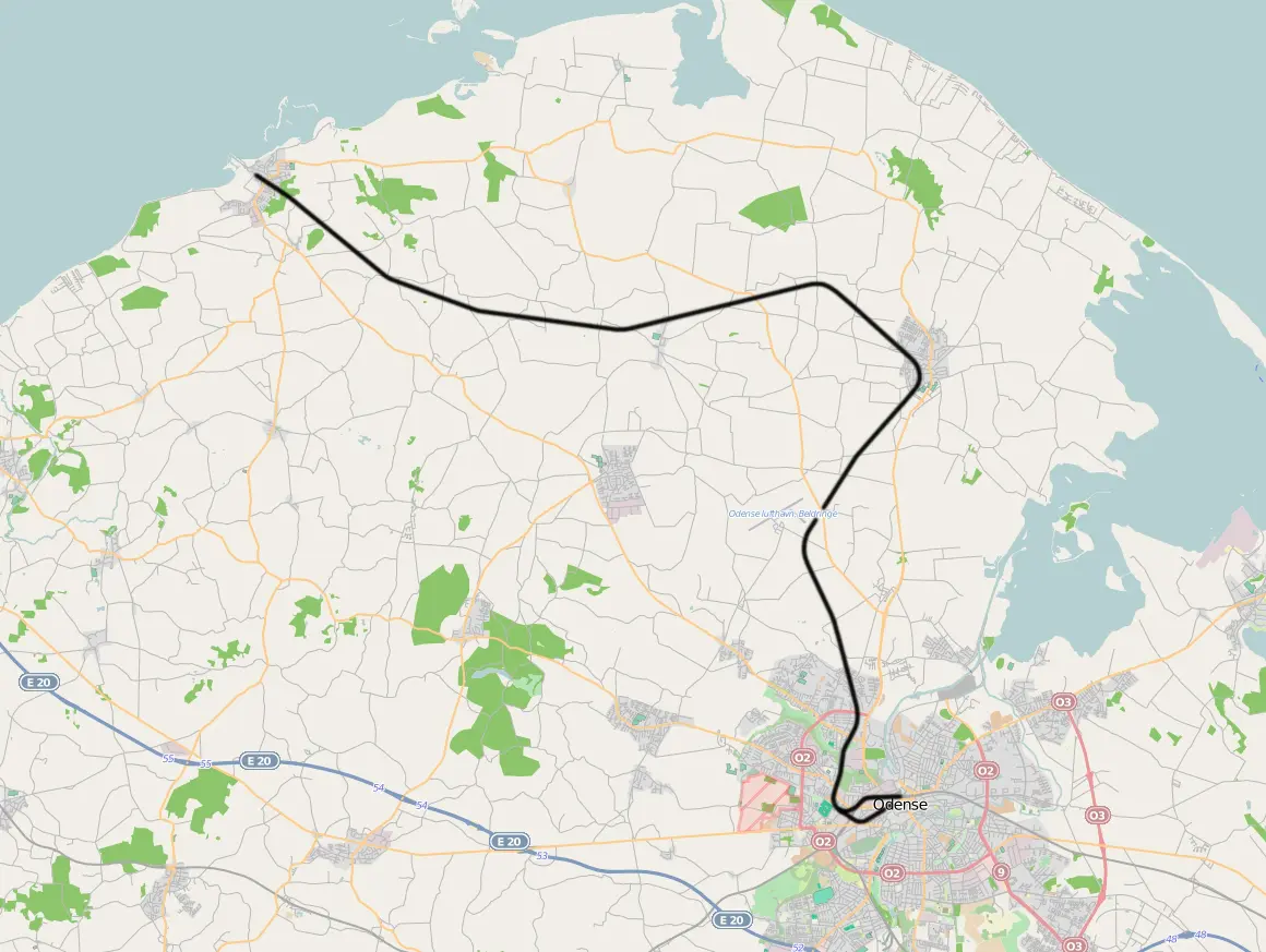 Kort over benestrækningen: Odense-Bogense (NFJ)