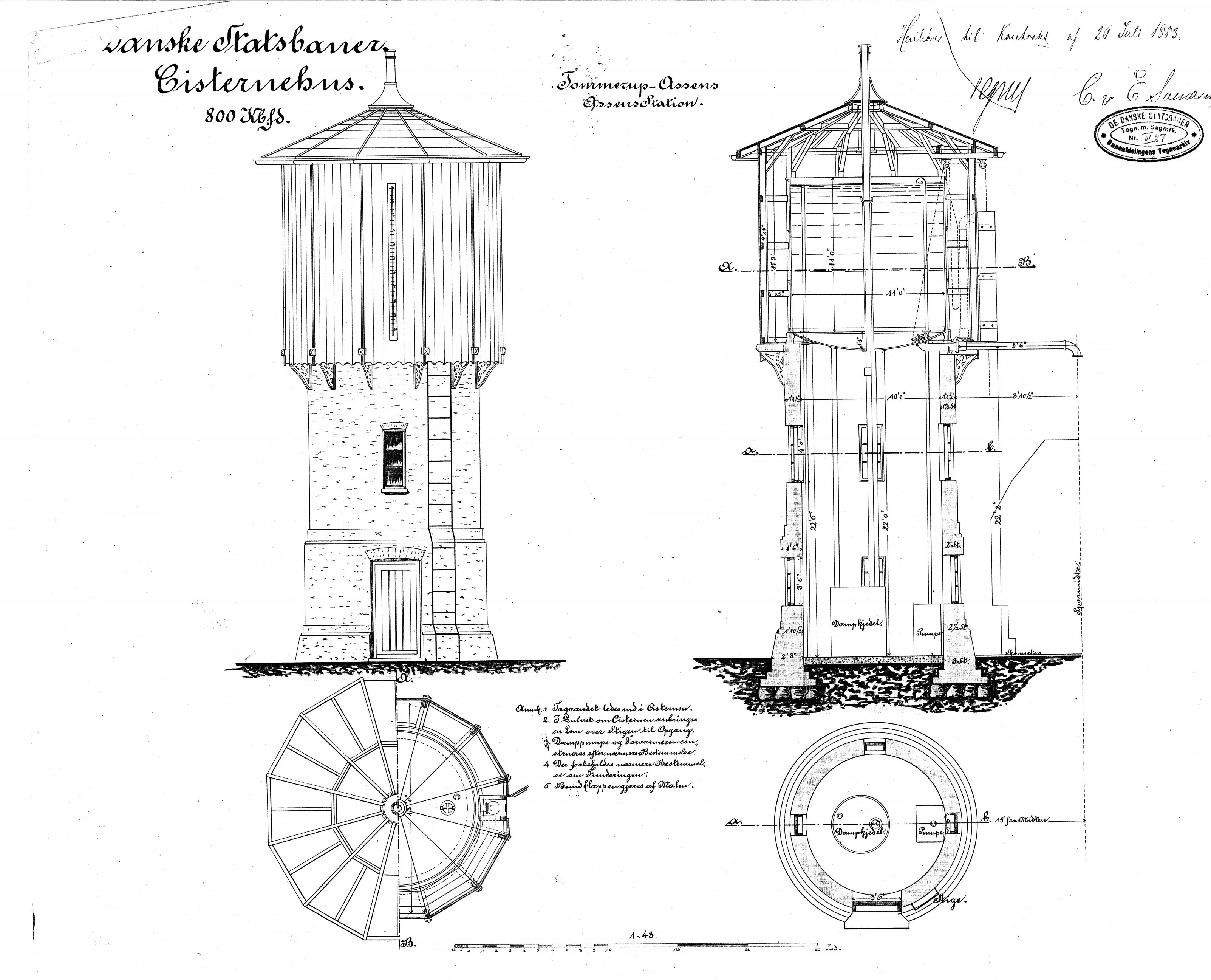 Tegning af Assens Stations vandtårn.