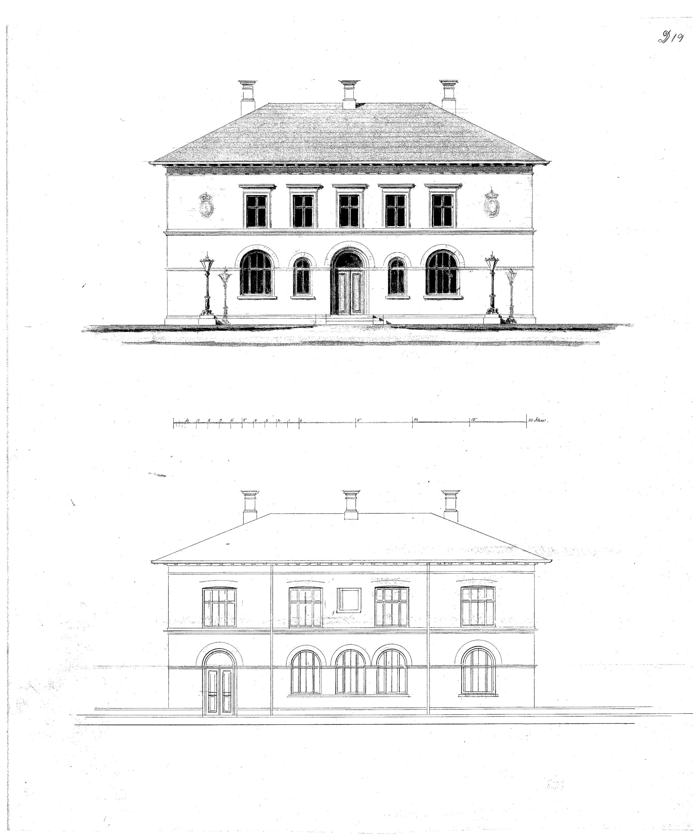 Tegning af posthuset ved Assens Station.
