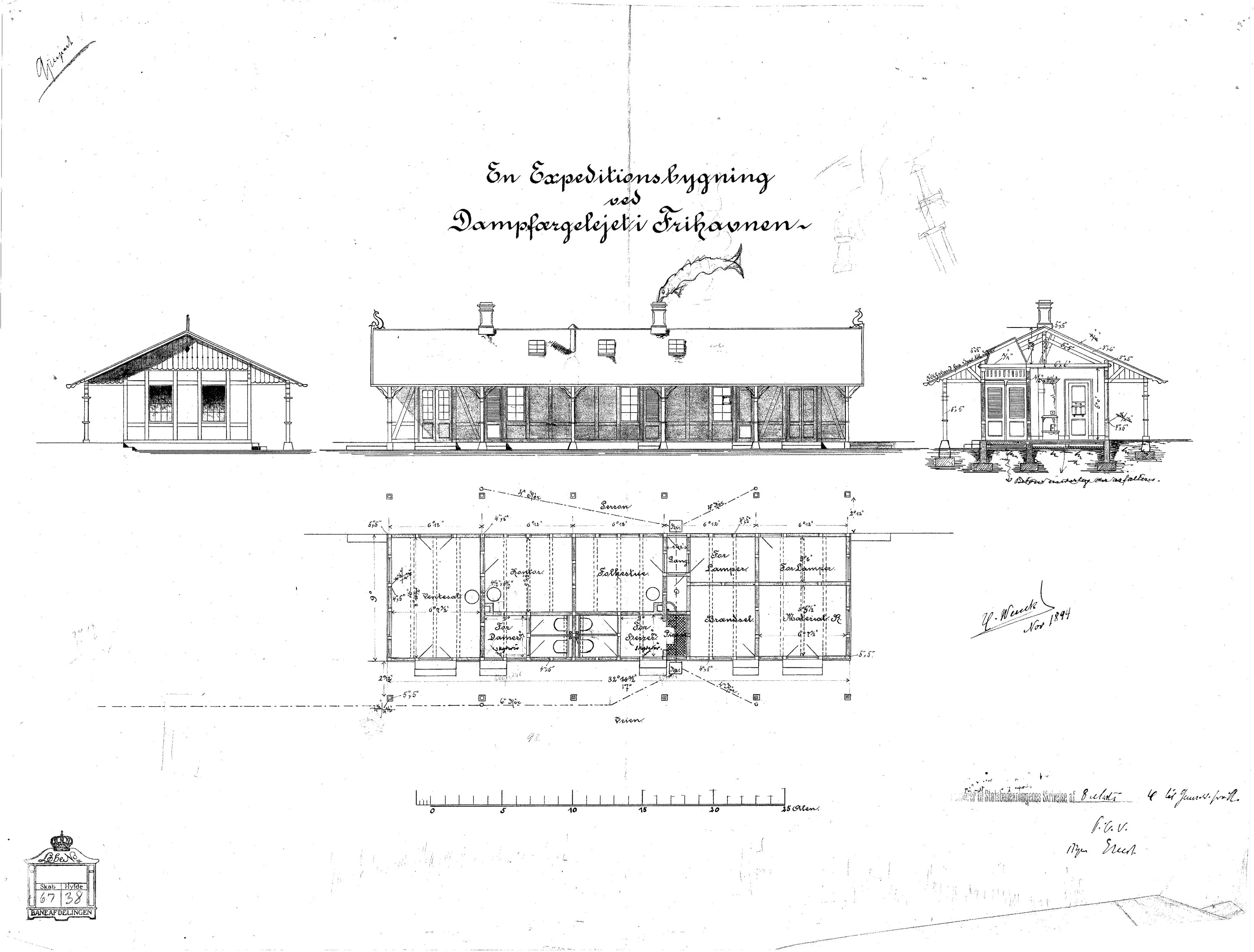 Tegning af Ekspeditionsbygning ved dampfærgelejet ved Frihavnens Station.