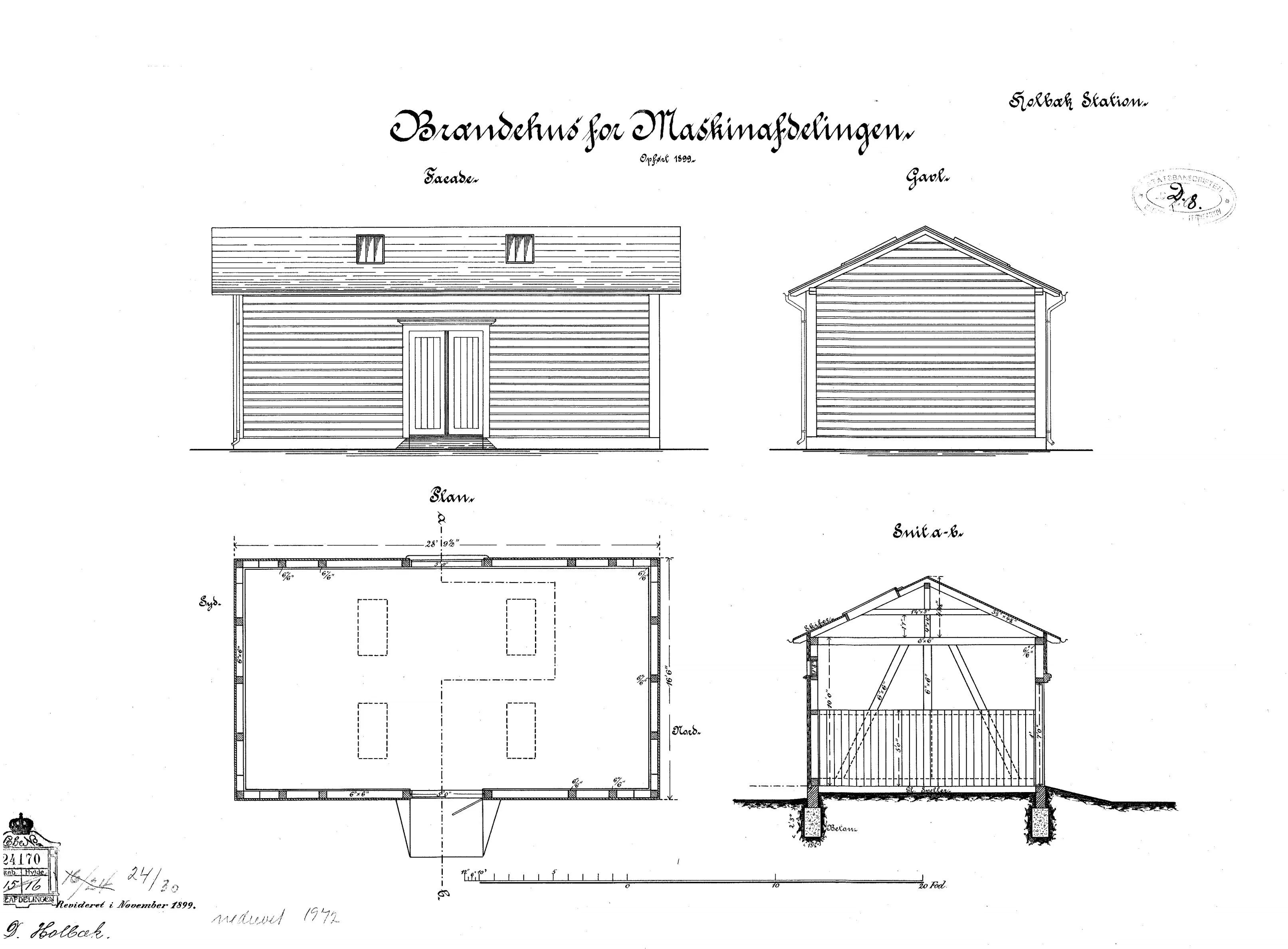 Tegning af Brændehus for Maskinafdelingen ved Holbæk Banegård.
