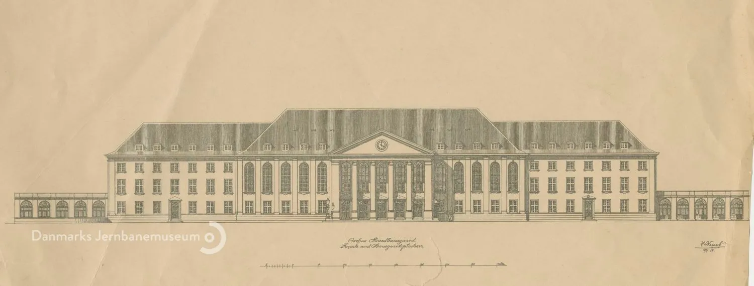 Tegning af Ikke realiseret projekttegning til ny hovedbygning på *Aarhus H. Facade mod Banegårdspladsen.