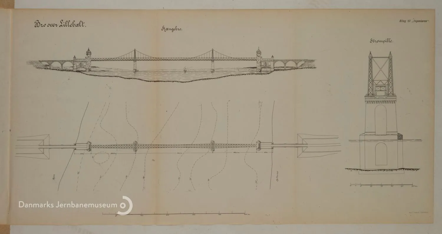 Tegning af Statsbanernes 1899-projekt til *Lillebæltsbroen.