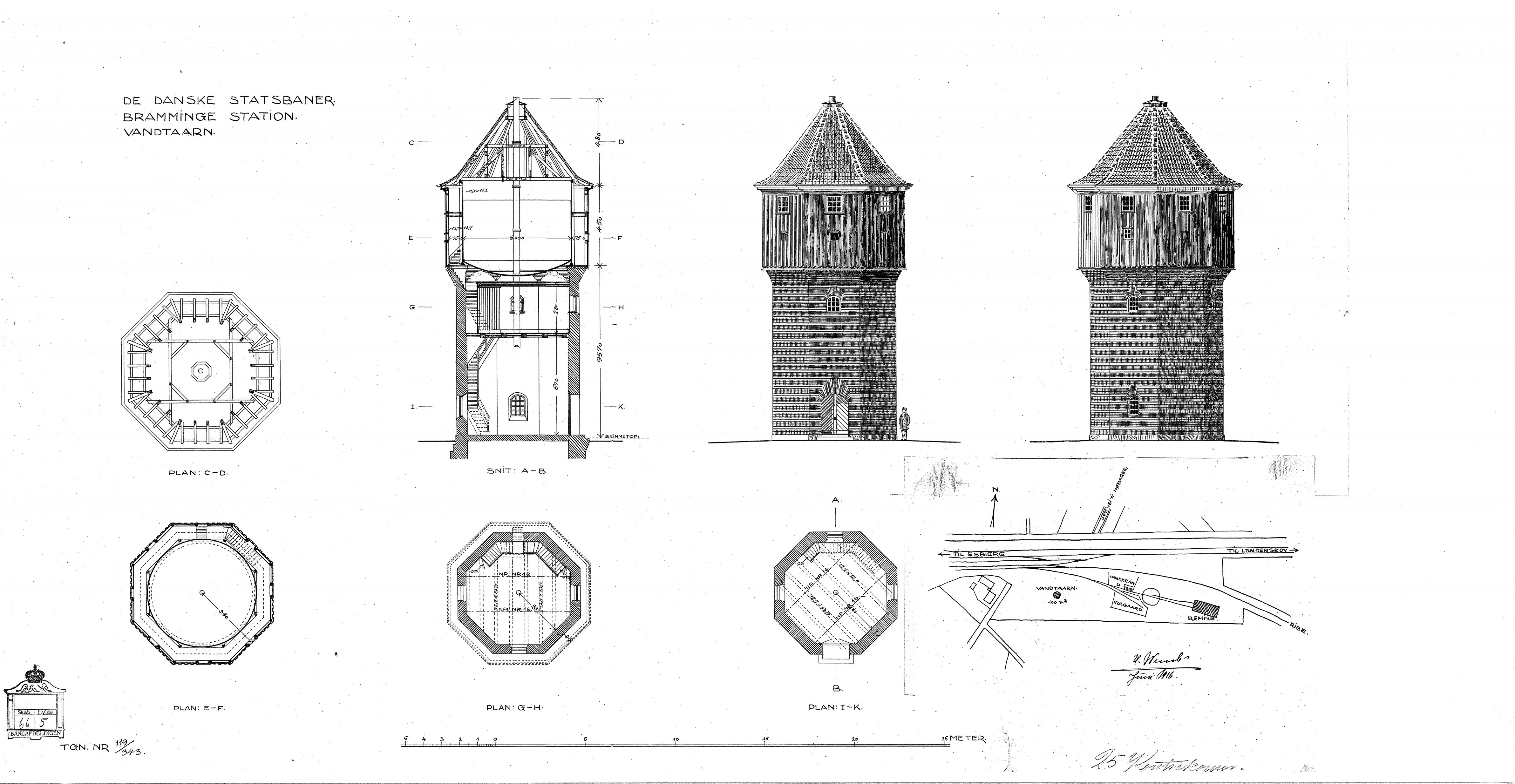 Tegning af Bramming Stations vandtårn.