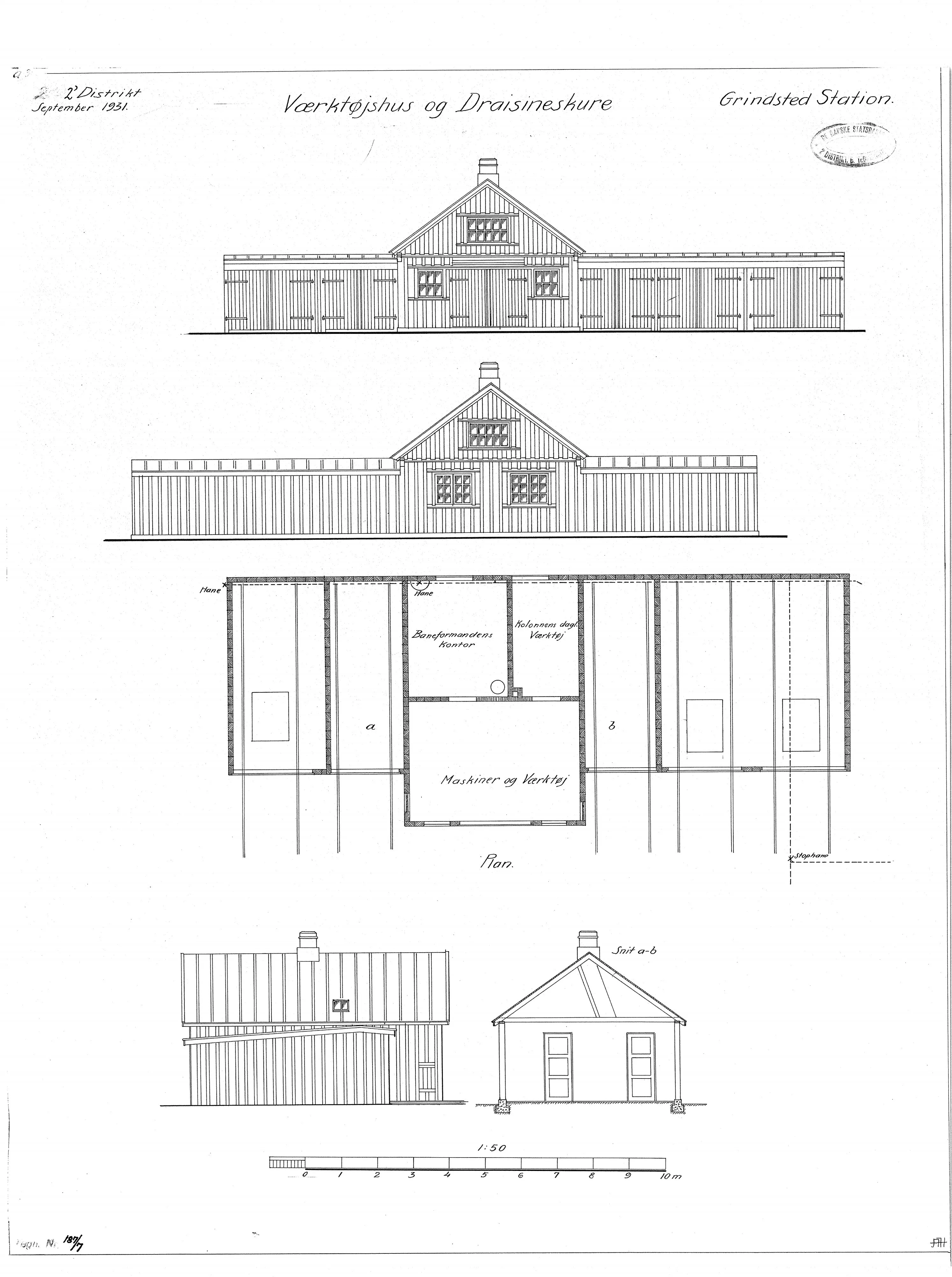 Tegning af Værktøjshus og dræsineskure ved Grindsted Station.