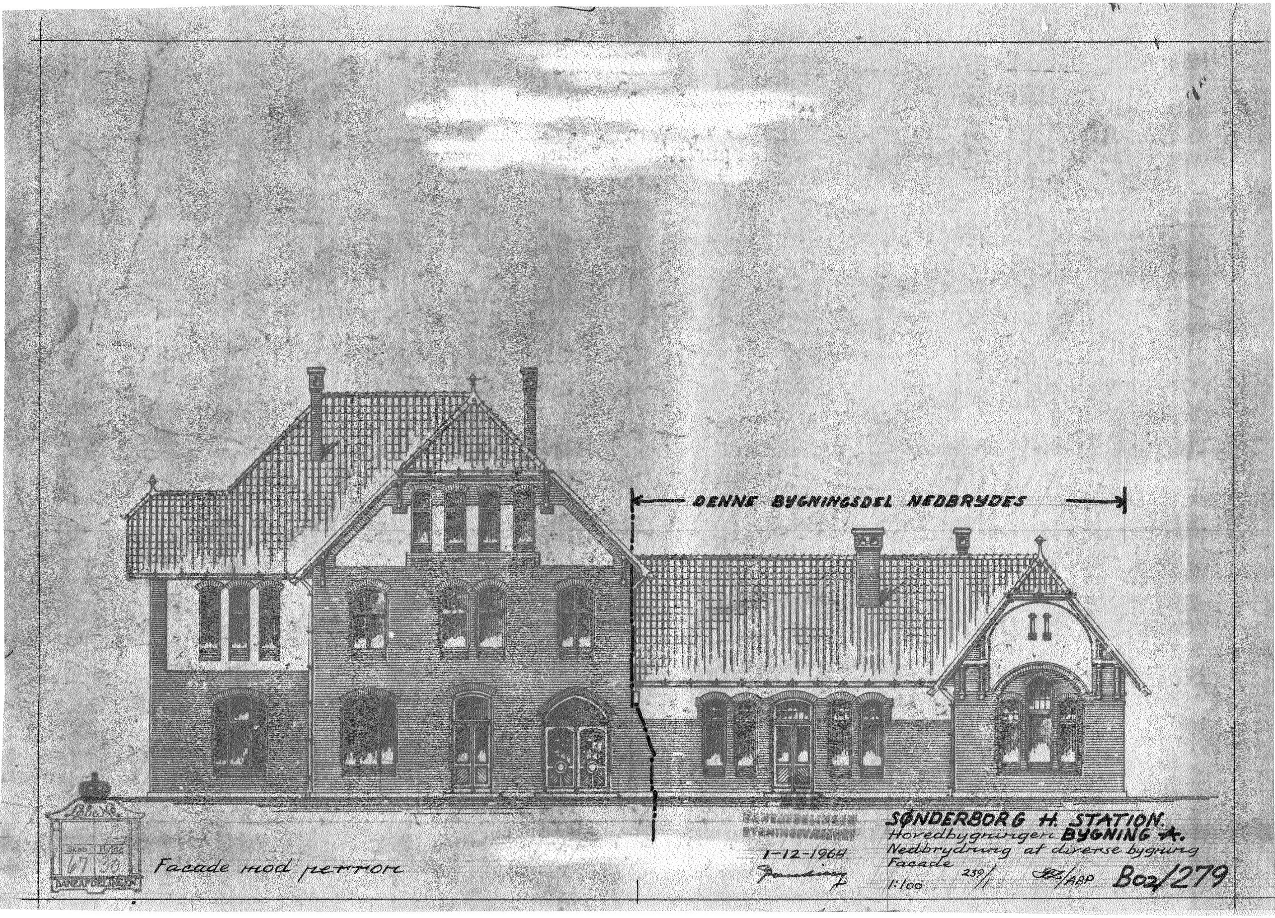 Tegning af Nedbrydning af diverse bygning facade af Sønderborg Hovedbanegård.