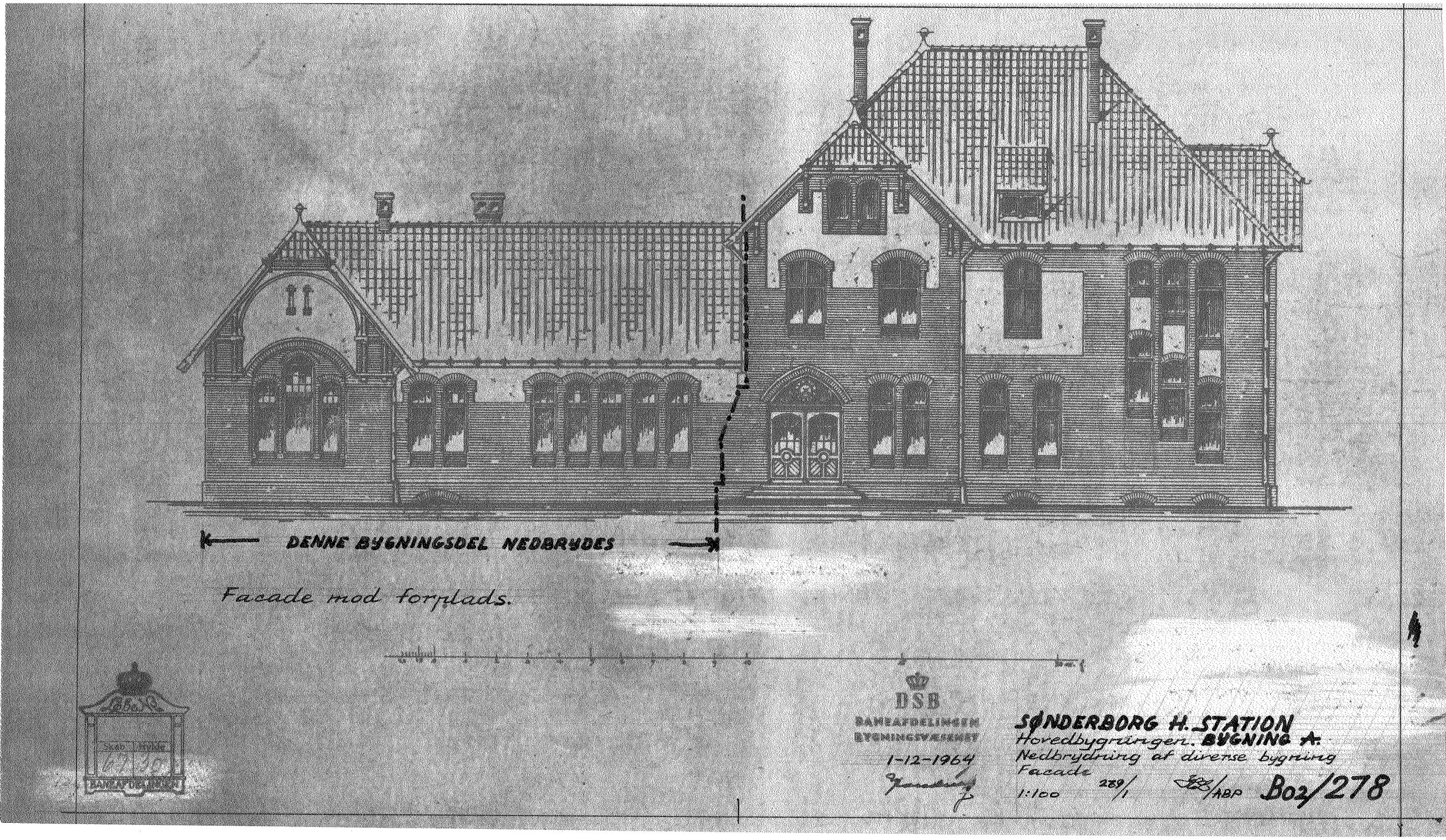 Tegning af Sønderborg Hovedbanegård -Nedbrydning af diverse bygning facade.