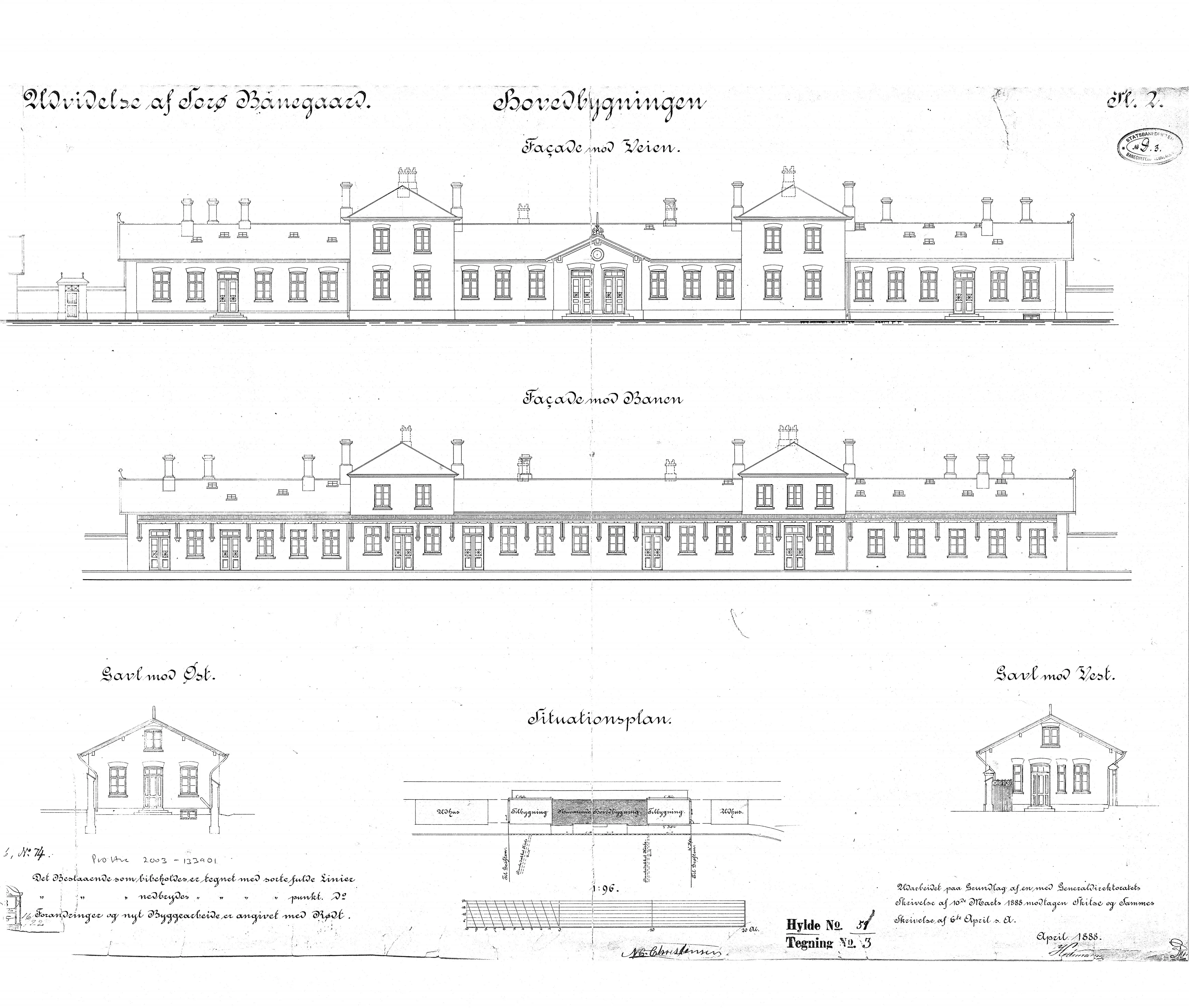 Tegning af Sorø Station - udvidelse af stationsbygning.