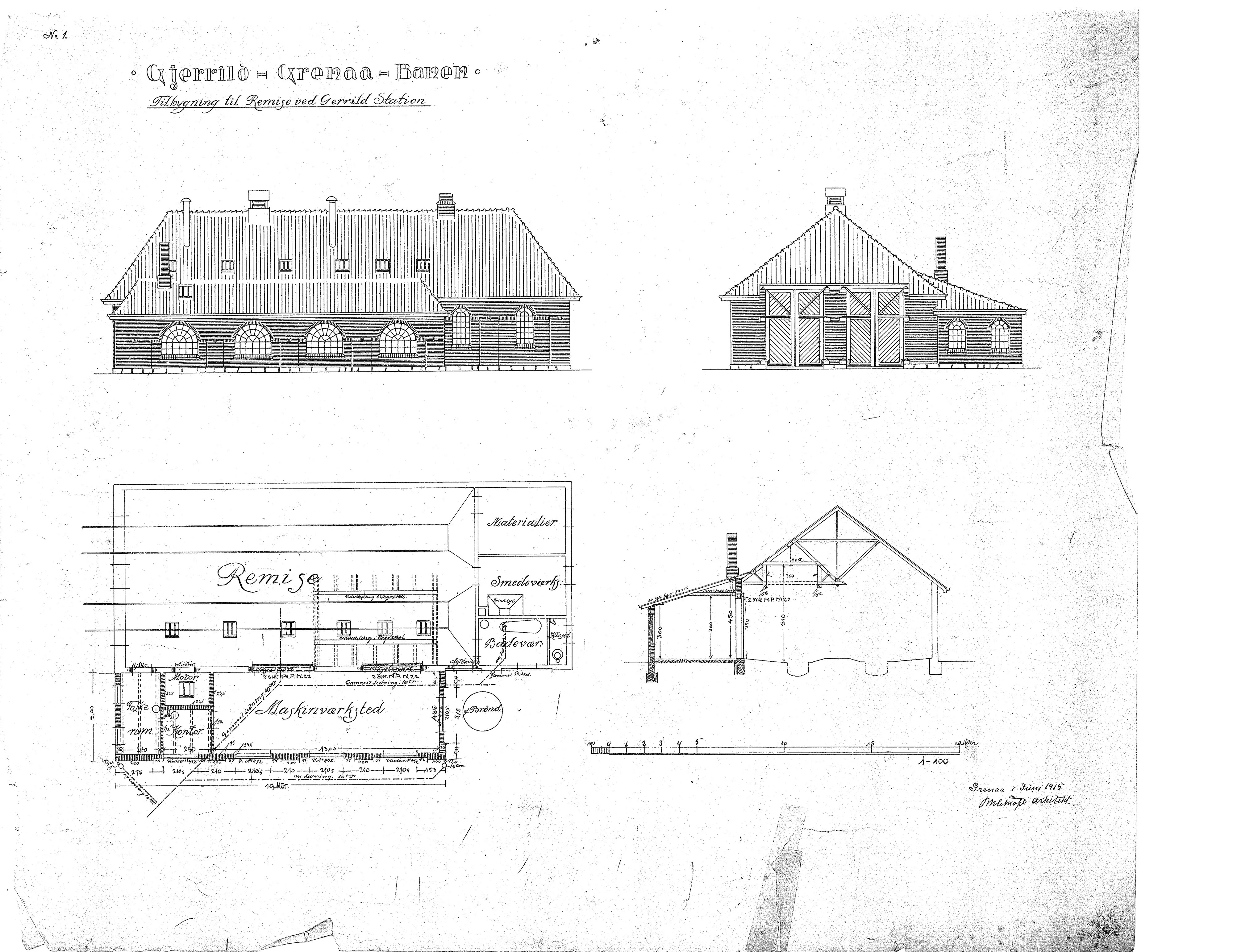 Tegning af Tilbygning til remise ved Gjerrild Station.