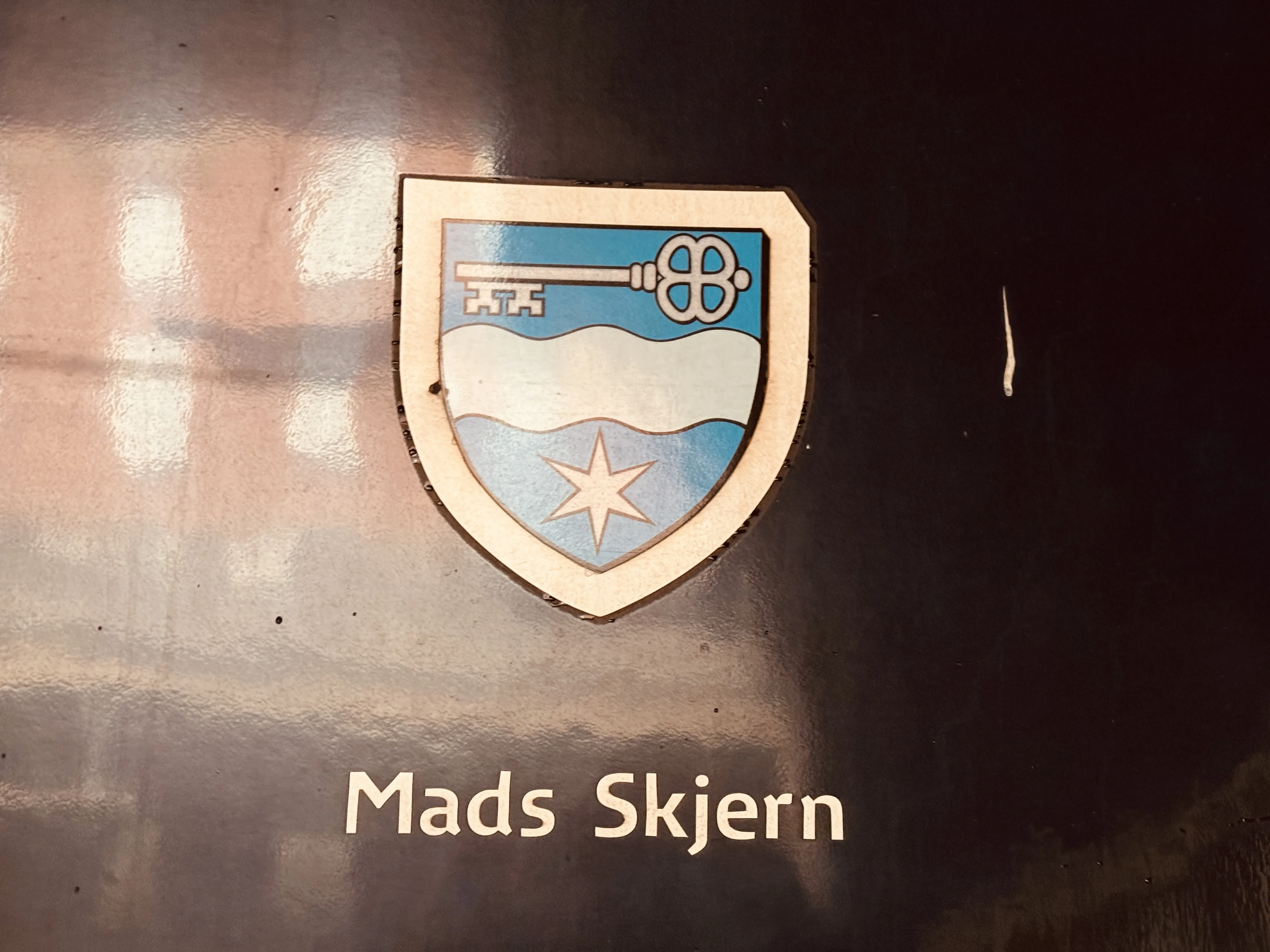 Billede af Skjerns byvåben og navngivet "Mads Skjern" på siden af DSB MF 5069 fotograferet ud for København Hovedbanegård.