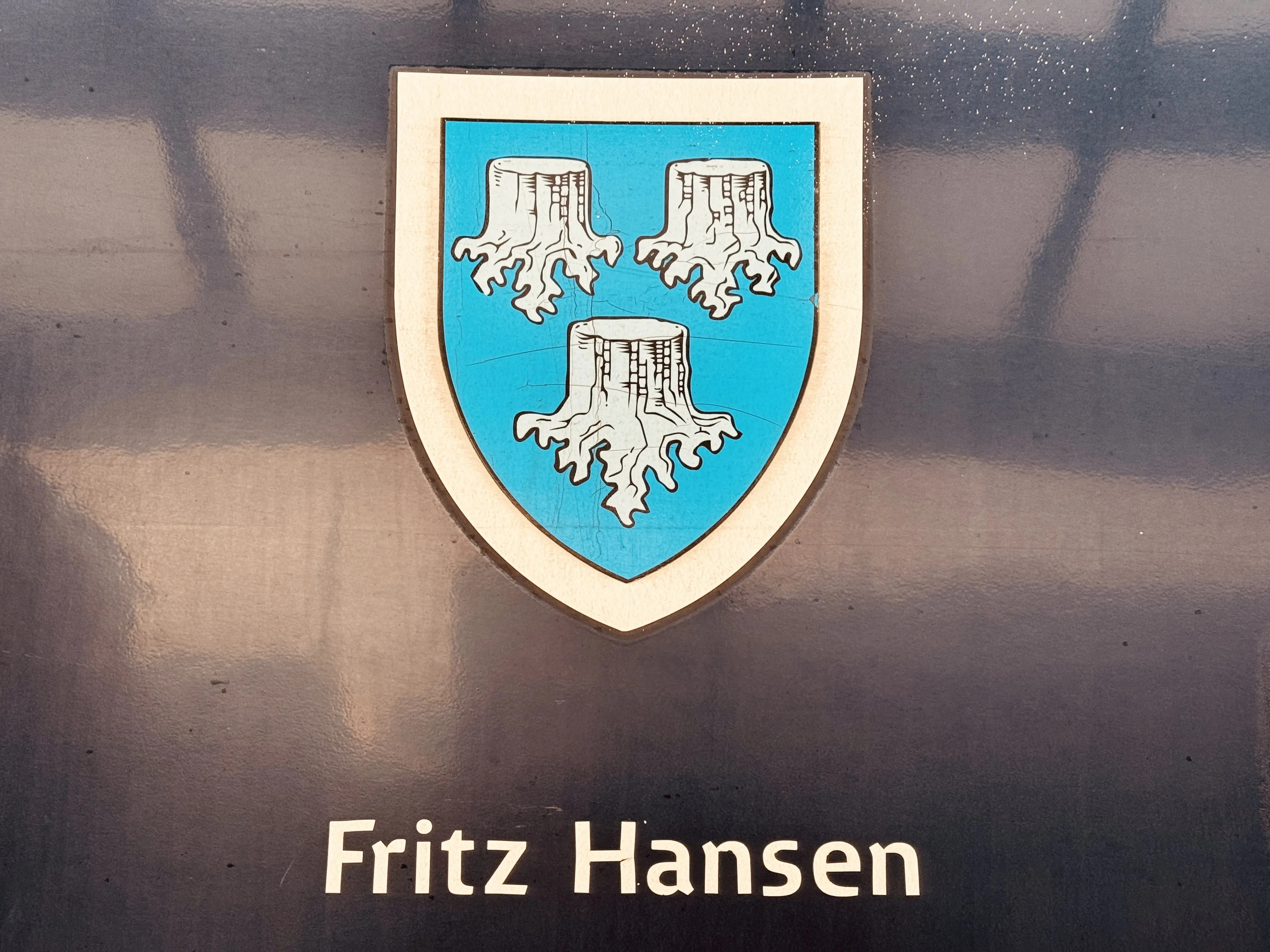 Billede af Allerøds byvåben og navngivet "Fritz Hansen" på siden af DSB MF 5074 fotograferet ud for København Hovedbanegård.