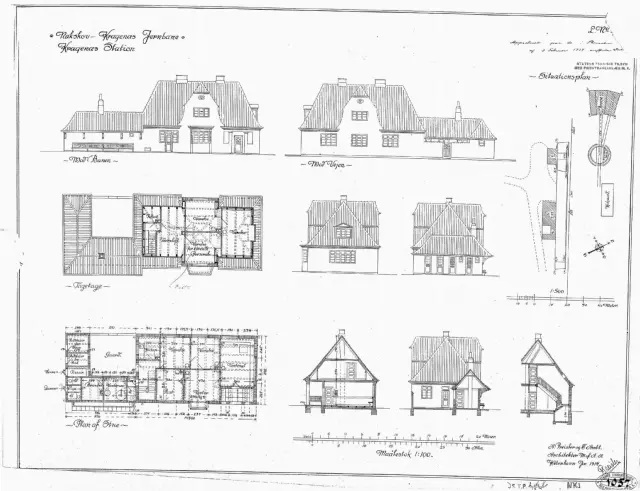 Tegning af Kragenæs Stationsbygning signeret af: A. Preisler og E. Ambt.