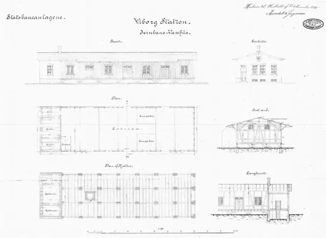 Tegning af  Viborg Stations pakhus.