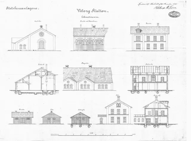 Tegning af  Viborg Stations remise.