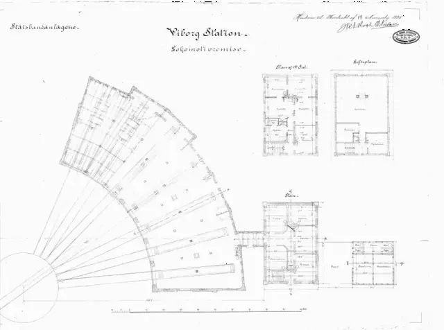 Tegning af  Viborg Stations remise.