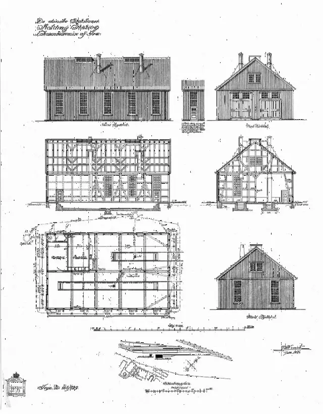 Tegning af Kolding Banegårds Lokomotivremise af træ. Sign.: H. Wenck.