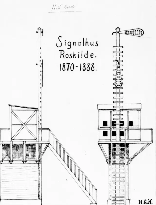 Signalhus i østenden af Roskilde Station. Tegnet af Holger G. Hansen.