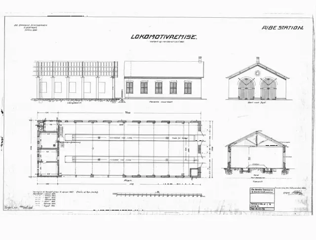 Tegning af  Ribe Stations remise.