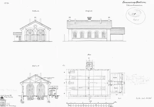 Tegning af  Tommerup Stations remise.
