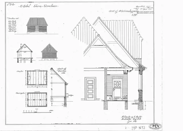 Tegning af Sønder Bork Stations varehus og snit af stationsbygning Sign.: A. Preisler og E. Ambt.