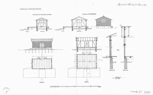 Tegning af Snesere Stations pakhus Sign.: H. Wenck.