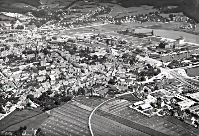 Banen svinger ind fra midten nederst og Aabenraa Sønderport Billetsalgssted er den første bygning lige nord for banen.