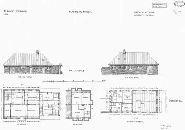 Tegning af Skalbjerg Stations pakhus.