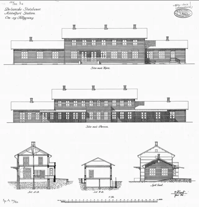 Tegning af om- og tilbygning af Middelfart Station. SIgn.: H. Wenck.
