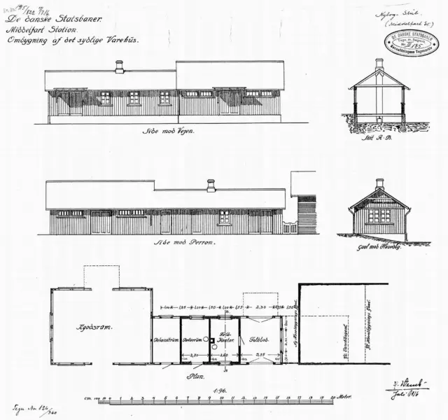 Tegning af ombygning af det sydlige varehus ved  Middelfart Station. Sign.: H. Wenck.