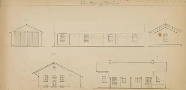 Tegning af Køge Stations Vognhus og varehus.