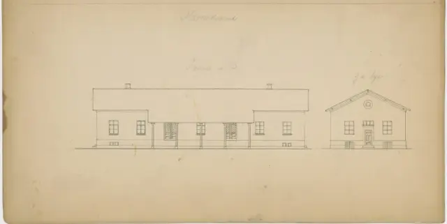 Tegning af Masnedsund Stations pakhus.