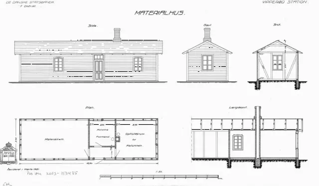 Tegning af Vipperød Stations Materialhus.